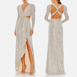 NWT $498 Size 14 IEENA Mac Duggal Sequined Criss Cross Long Sleeve Gown